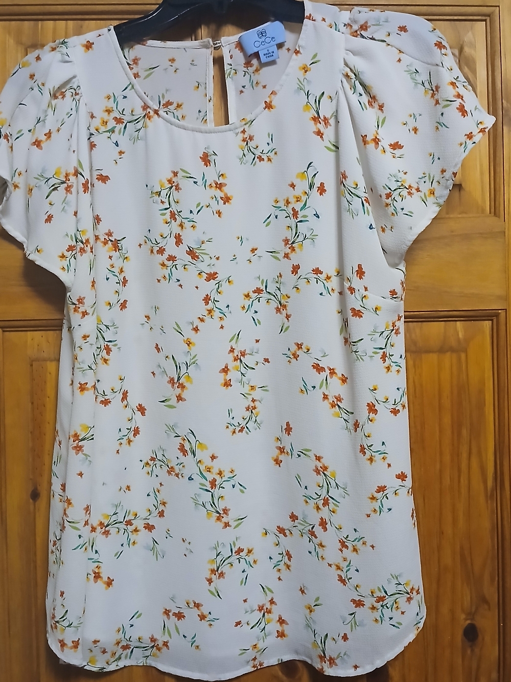 CeCe White Floral Short-Sleeve Blouse